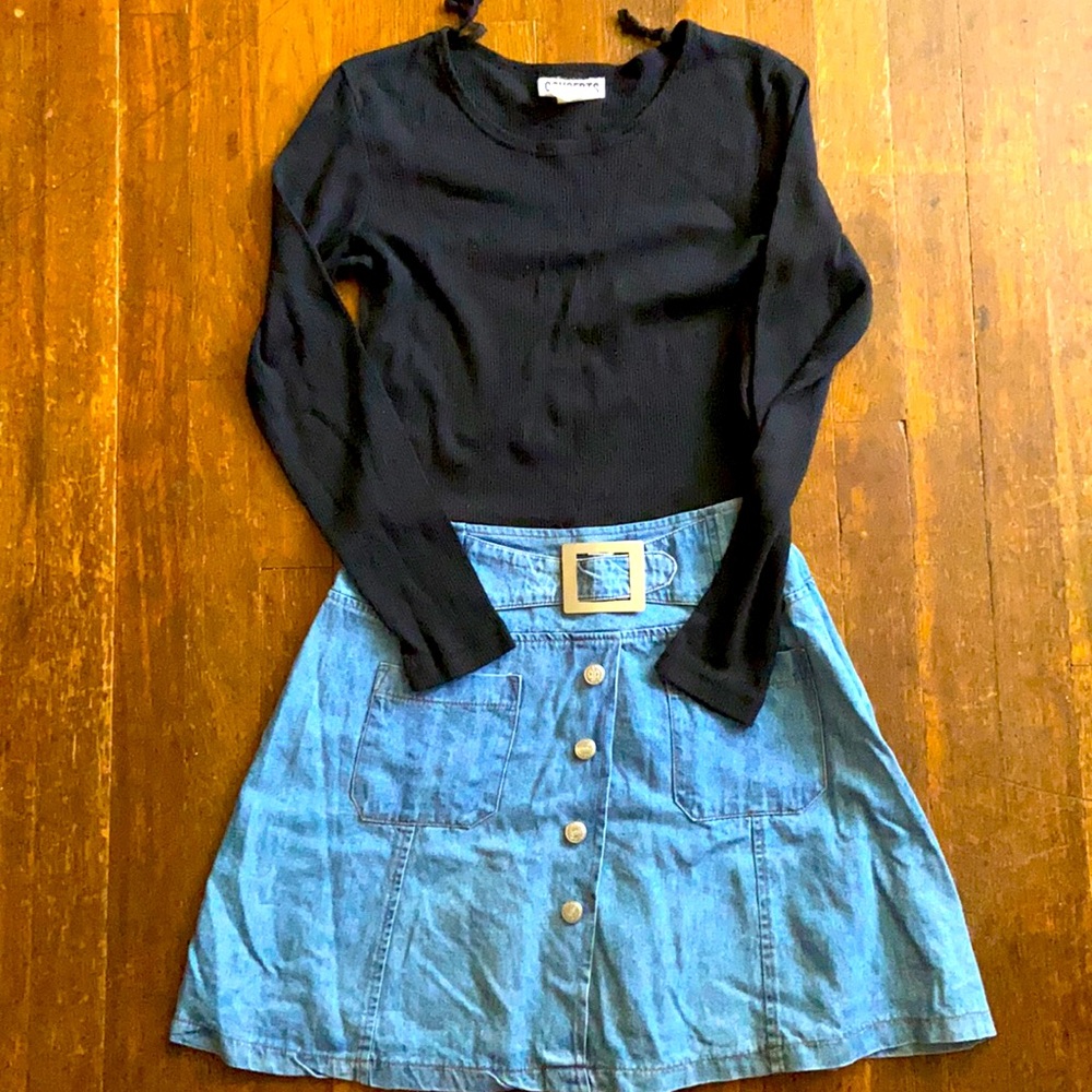 Vintage Long Sleeve Black Top/Denim Skirt Dress